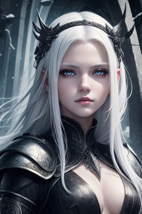 ((Best quality)), ((masterpiece)), (detailed), 1 girl, white eyes, White hair, portrait, (dark fantasy), snow, blood, armor, Dark aura