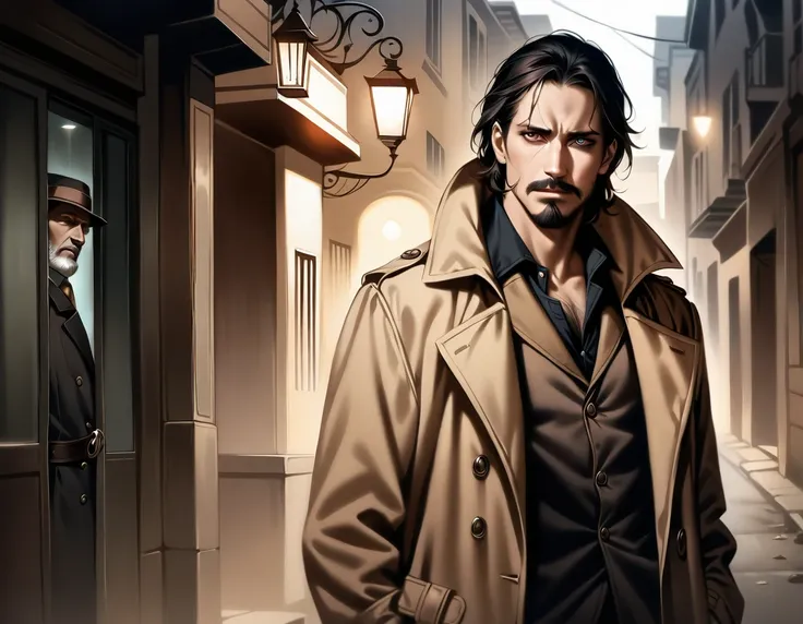 In a gritty, dimly-lit alleyway, a rugged middle-aged detective, sporting a scruffy beard and rumpled trench coat, stands tall, his worn eyes locked in a charged stare with the sultry femme fatale. Her porcelain skin glows like alabaster in the faint light...