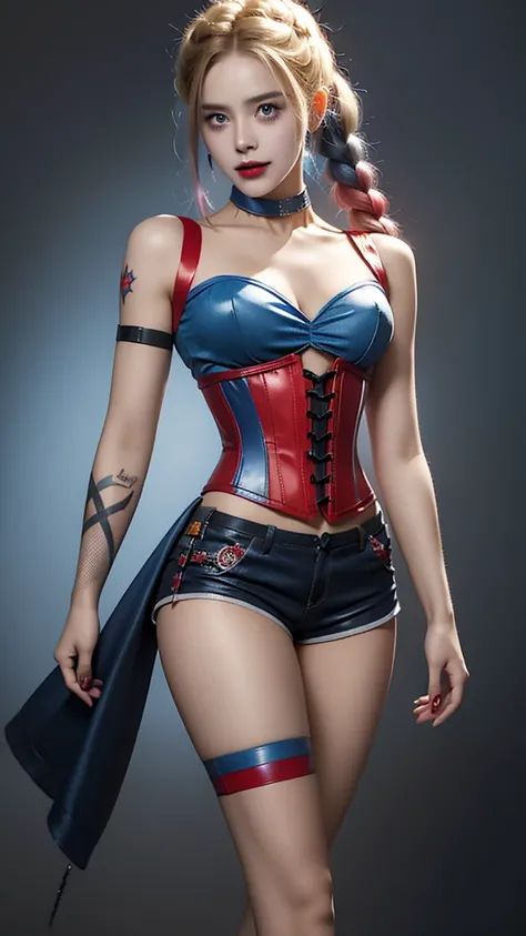 A woman with bright beige and blue braids, Red and blue corset top, small, Tight shorts, Fishnet stockings, bat, Crazy look on face, Movie《Suicide Squad》DC Comics character Harley Quinn, Delicate and detailed tattoo, Highly saturated colors, high quality, ...