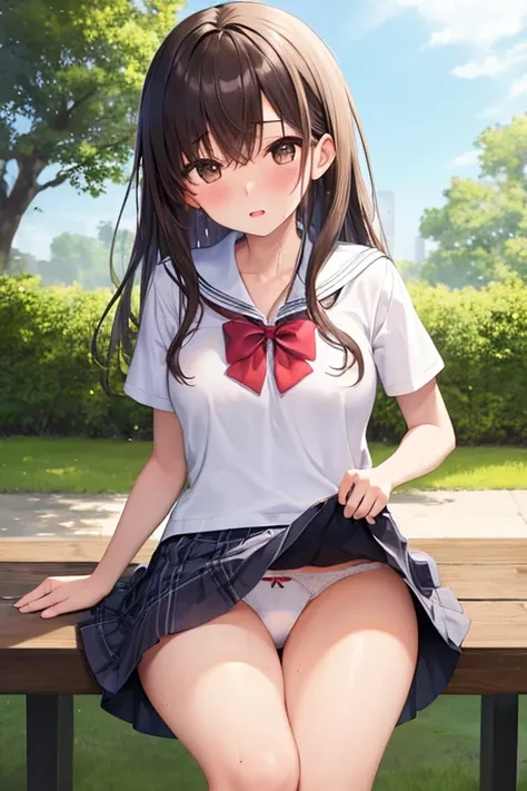 ((Highest quality)), ((masterpiece)), (detailed), One girl, summer、Outdoor、Sweat、mini skirt、high school girl、blush、Brown Hair、Flip up your skirt、White panties