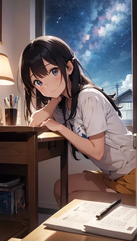 Beautiful girl studying in her room while listening to music on headphones　Warm lighting　Outside the room, Starry sky.　Japanese anime style,An angle where you can see the entire desk,One person