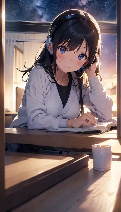 Beautiful girl studying in her room while listening to music on headphones　Warm lighting　Outside the room, Starry sky.　Japanese anime style,An angle where you can see the entire desk,One person