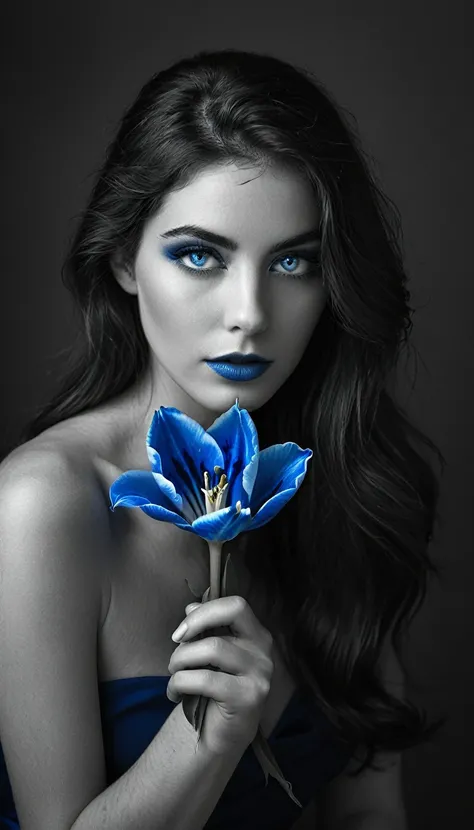 Photo noir et blanc et bleu profond, une femme aux yeux bleus sublimes, (longs cheveux aux reflets bleus électriques très détaillés), une peau impeccable, tir à moitié du corps, tenant une tulipe darkblue, intensité du regard captivant, style de photograph...