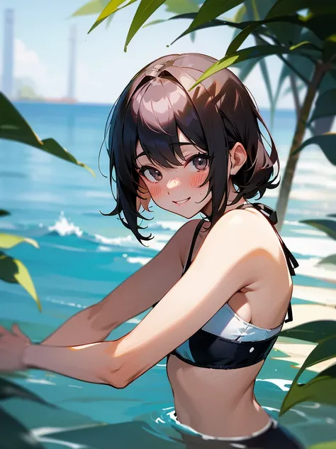 One older sister、Swimwear、Black、Blushing, Shortcuts, smile,