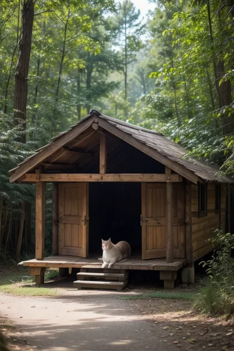 a cat lies on a bench at the entrance to a forest hut 