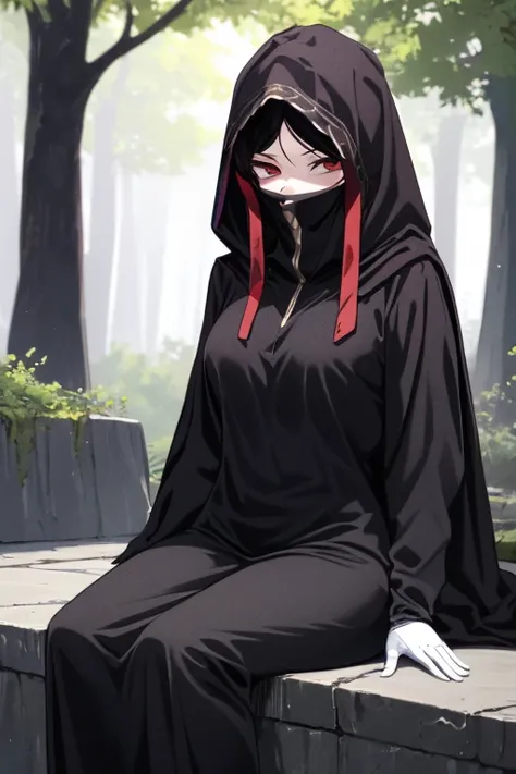 NNAssassinFSF, 1girl, solo, median breasts, black hair, red eyes, long sleeves, dress, hood, long skirt, black dress, cape, black cloak, hood up, black robe, covered mouth, hooded cloak, ((masterpiece,best quality)) forest, day, sitting . White gloves 