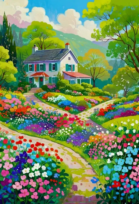 A colorful garden painting，There are houses and trees inside, A delicate painting by Li Keran, tumblr, Childish Art, Vibrant gouache landscape, Landscape Artwork, Colorful landscape paintings, Landscape Art Detail, Detailed scenery —width 672, Fantasy Land...