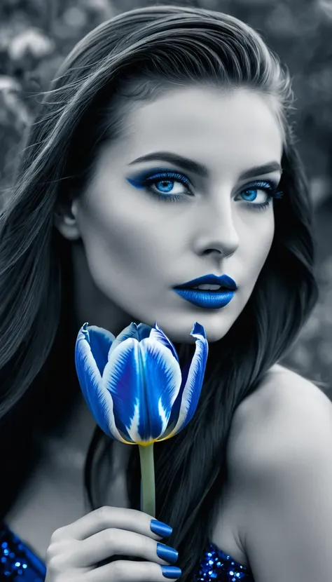 Photo noir et blanc et bleu profond, une femme aux yeux bleus sublimes, (longs cheveux aux reflets bleus électriques très détaillés), une peau impeccable, tir à moitié du corps, tenant une tulipe darkblue, intensité du regard captivant, style de photograph...