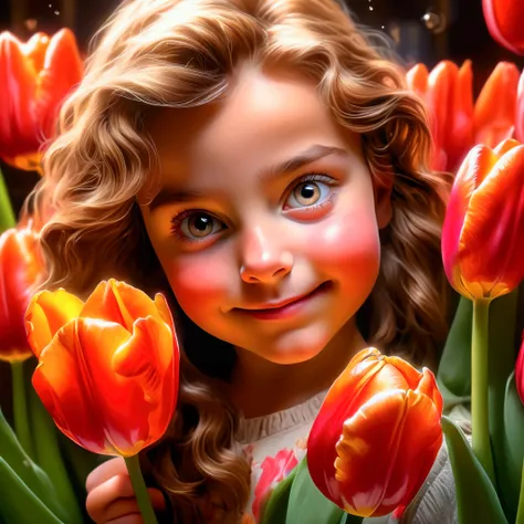 masterpiece, best quality, 8k, high detail, 1girl, holding Tulip, detailed,photorealistic,high quality,macro photography,vibrant colors,sharp focus,HDR,natural lighting,organic textures,glossy surface,juicy,ripe,fresh,realistic,studio lighting,