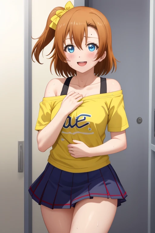 alone, Honoka Kousaka, blue eyes, chest, blush, smile, short_hair, Open_mouth, 前hair, skirt, big_chest, shirt, chestの谷間, just_shoulders, clavicle, Moisturized Skin, off_shoulder, Clenched_hand, yellow_shirt, (pressing her chest:1.2) ,Sweaty, Thighs