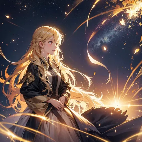 A girl stands in the dark, surrounded by light particles and shimmering gold sparks that form an ethereal glowing wolf silhouette above her head. The atmosphere is mysterious with soft lighting creating a magical ambiance. Digital illustration. 