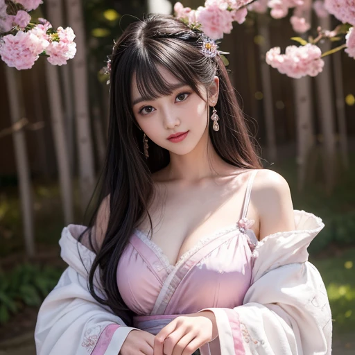 best quality, Delicate face，beautiful visual work, lifelike, eternity, black hair, Long curly hair, blunt bangs, Smile, Detailed Background, Delicate face，pink blush，cold，((masterpiece))、(top quality)、8k、high detail、Super detailed，21 years old female，身穿唐制H...