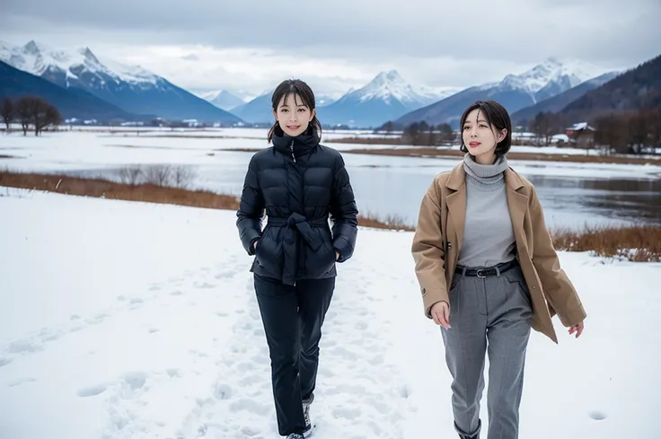 In snowy Switzerland, middle metaverse, with short hair, 3~Female model in her 40s, 4 thousand ], 4K], 37 year old Korean woman, Inspired by movie star Kim Ji-won, View of the snowy landscape of Jungfrau, Switzerland. padded jacket, casual pants. thick muf...