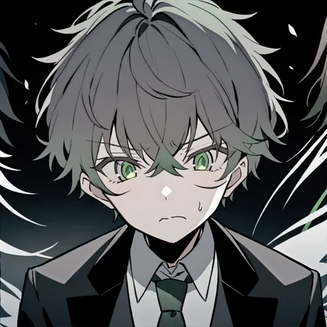 anime male, really black & dark greenish gradient, black suit, tired eyes, blank gradient green eyes, dark green tie, sick face ...