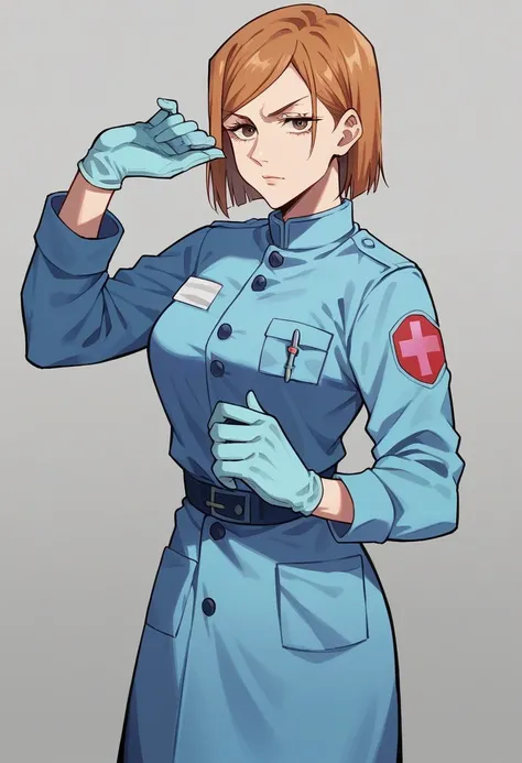 1girl, nobara kugisaki (jujutsu kaisen), ((blue medical gloves)), (paramedic uniform), ((long sleeves)), looking at viewer, standing, solo

