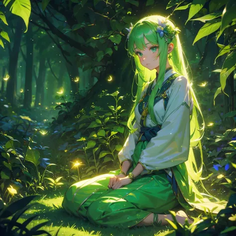 A cute green long hair girl in a traditional attire, sitting on the ground surrounded by luminous plants and fireflies, with a background in the style of an anime, full body portrait, dreamy colors, a fantasy world, nightcore, Y2K aesthetic, Fireflies,