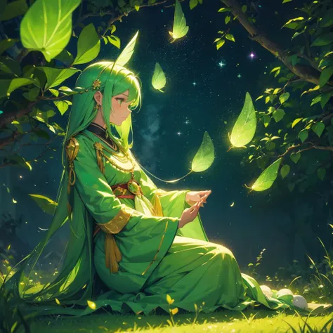 A cute green long hair girl in a traditional attire, sitting on the ground surrounded by luminous plants and fireflies, with a background in the style of an anime, full body portrait, dreamy colors, a fantasy world, nightcore, Y2K aesthetic, Fireflies,