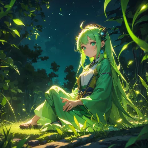 A cute green long hair girl in a traditional attire, sitting on the ground surrounded by luminous plants and fireflies, with a background in the style of an anime, full body portrait, dreamy colors, a fantasy world, nightcore, Y2K aesthetic, Fireflies,