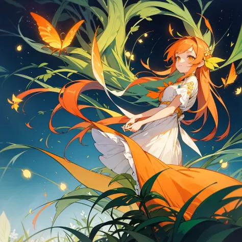 A cute orange long hair girl in a traditional attire,surrounded by luminous plants and fireflies, with a background in the style of an anime, dreamy colors, a fantasy world, nightcore, Y2K aesthetic, Fireflies,