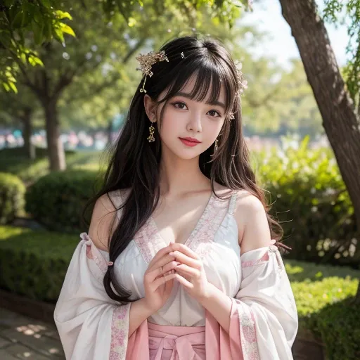 best quality, Delicate face，beautiful visual work, lifelike, eternity, black hair, Long curly hair, blunt bangs, Smile, Detailed Background, Delicate face，pink blush，cold，((masterpiece))、(top quality)、8k、high detail、Super detailed，21 years old female，身穿唐制H...