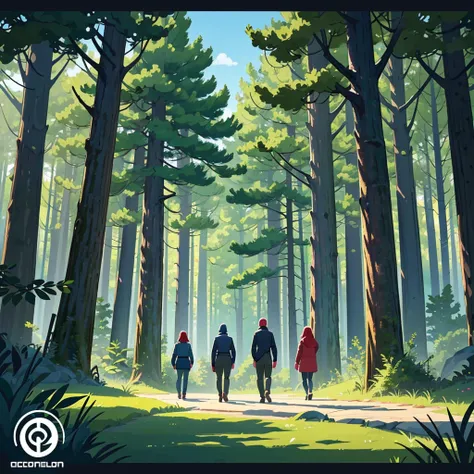 (icon), (masterpiece, highly detailed, high quality, 16k, desktop game icon), flat vector art,vector illustration, shadow flat vector art,(NSFW:1.2), background: deep forest with very tall trees, four peoples, 1 men, 2 girls, 1 old man