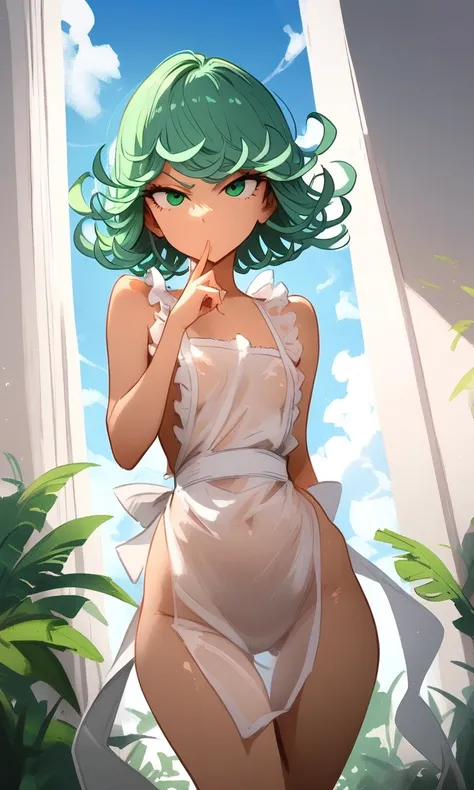 1girl, tatsumaki, one-punch man
 masterpiece, best quality, newest ///// , khyle, cutesexyrobutts  thin waist, solo, cropped legs, angry, dutch angle, naked apron,, transperent, see-through. sky, clouds, outside border, looking at viewer, greenery, 