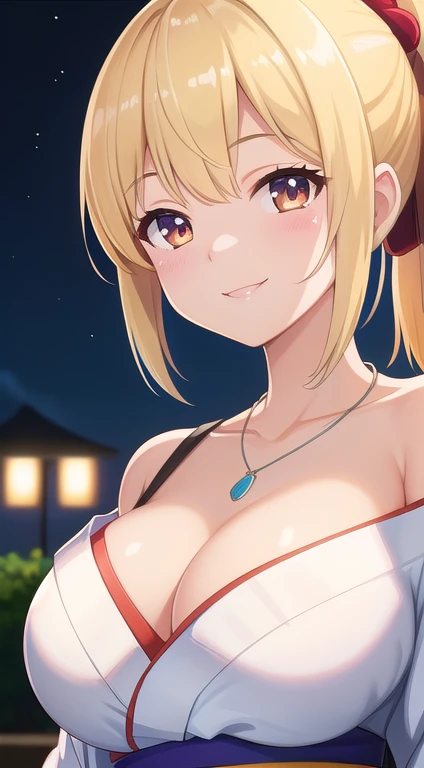 (Highest quality:1.5, High resolution, 超High resolution, 4K, Detailed lighting, Shaders), Blonde ponytail, necklace, Large Breasts, Off-shoulder yukata, Cleavage, smile, Close-up shot, Night Background