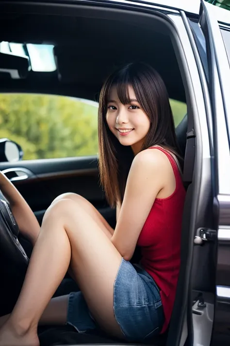 Top quality, Masterpiece, Super high res,(Photorealistic:1.4), Highly detailed, Professional lighting smile, Masterpiece, Top quality, Highly detailed, Octane rendering, Superior,(Japanese girl_woman:1.1), Japanese girl, Exterior view of car is shown, Woma...