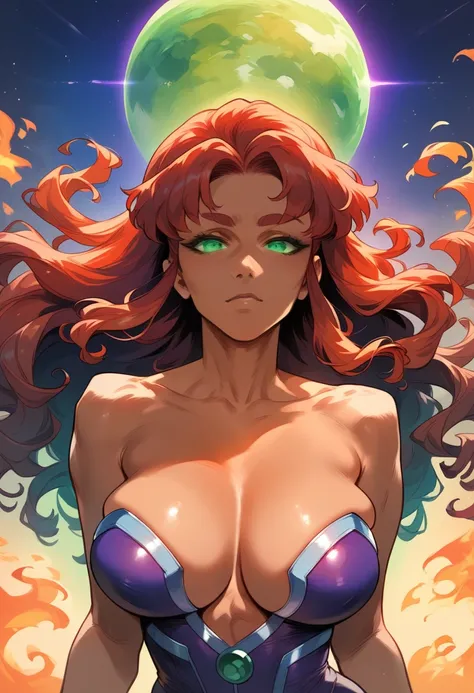 young woman, red wavy hair and green eyes, long fiery hair Starfire dc comics, mature woman, glowing green eyes, toned figure, big breasts, dark complexion, wearing purple and silver, flying above planet background, high detailed, high quality