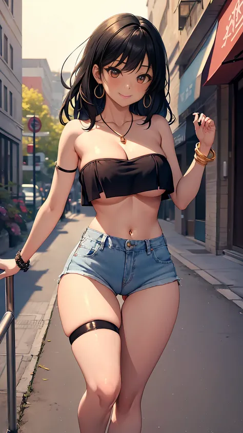 1girl, anime girl, anime, (dark skin), bracelet, necklace, earrings, 2d girl, 18y, (fullbody), anime girl, seductive smile, (black hair), flowing hair, hair flowing in the wind, ((tube top,strapless)), ((underboob view)), cleavage, Solo, Slim, Big Breasts,...