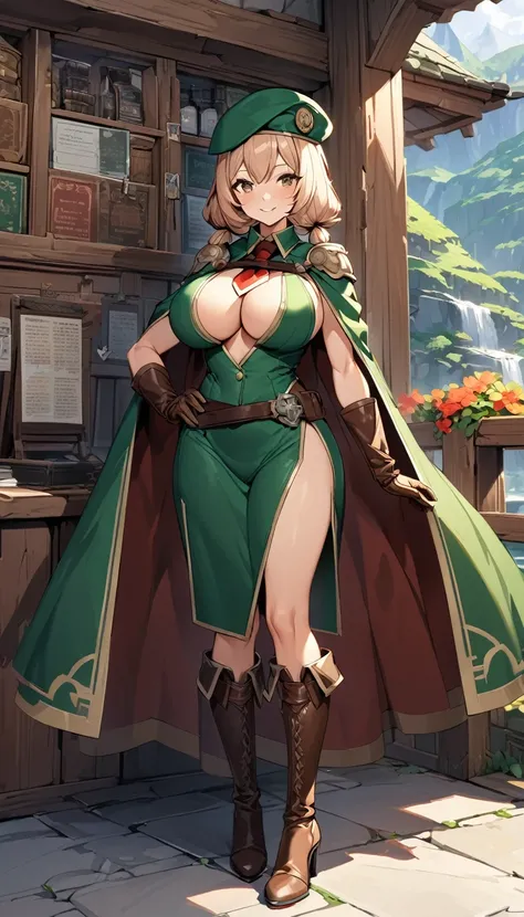 An adventurer guild clerk girl, sexy body, big breasts, big hip, ((green clerk outifit, red necktie, green beret, cape, leather gloves, leather high heels boots)), (short hair, low brown braided-twintail hairstyle), brown eyes, smiling, beautiful face, det...