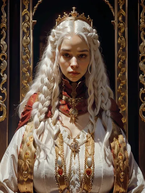 Portrait of one beautiful queen albino woman with detailed braided medieval hairstyle (white hair) , wearing detailed medieval gown (red and black colours), with gold accessories and gold crown, medieval queen, medieval woman,queen,game of thrones style,da...