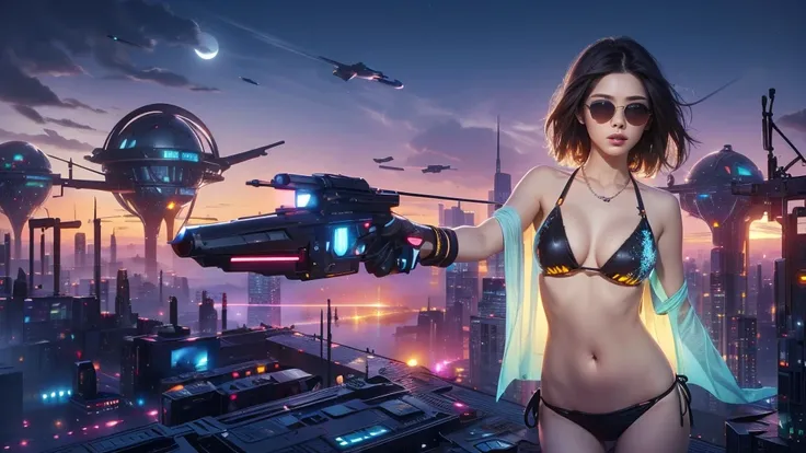 (((a medium-breast bikini slim GIRL with black micro sunglasses))), (((aiming at viewer with a pistol))), a balcony of a futuristic building, aerial view of an ultra-futuristic megalopolis, many metal buildings and houses in dark colors from dark blue to b...