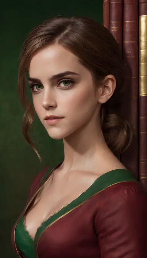 (Emma Watson) as hermione granger in her classic red slit sexy uniform, Long Straight Hair, Big Breasts, ((only green books)) inside a library, holding the brown wand with the tip,  ((glowing from the lumos spell)), colorful, digital painting, concept art,...