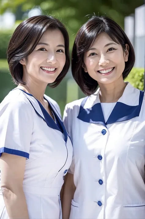 2 women　Woman in her 50s smiling wearing a white nurse uniform　No buttons　 Short sleeve Japanese black hair woman　Upper body close-up　Shooting outside　Harmony々　White