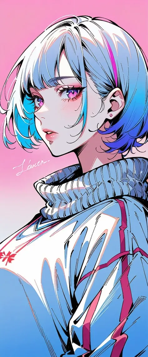 Illustrator, anime , Realistic ,sketch , 1 girl, ,lip, sweater,order, Blue gradient background, Neon Hair,Texture Trim, Canadian, (masterpiece,Highest quality) Cancer