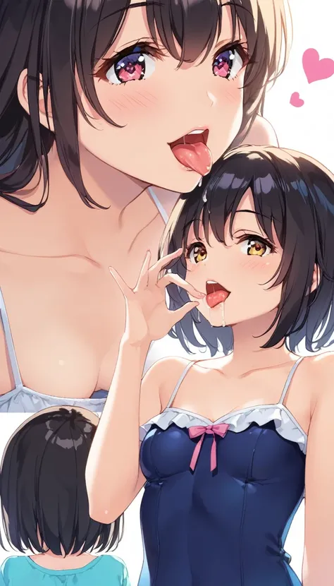 2girls, yuri, tiny girl, young girl, mesugaki, mesugaki smile, tidy, yoing lady, long hair, Black hair, short cut, camisole dress, swim suit, color, small breasts, big ass, thick thighs, Teasing, naughty looks, heart eyes, Lower arm, Focus on the girl, glo...