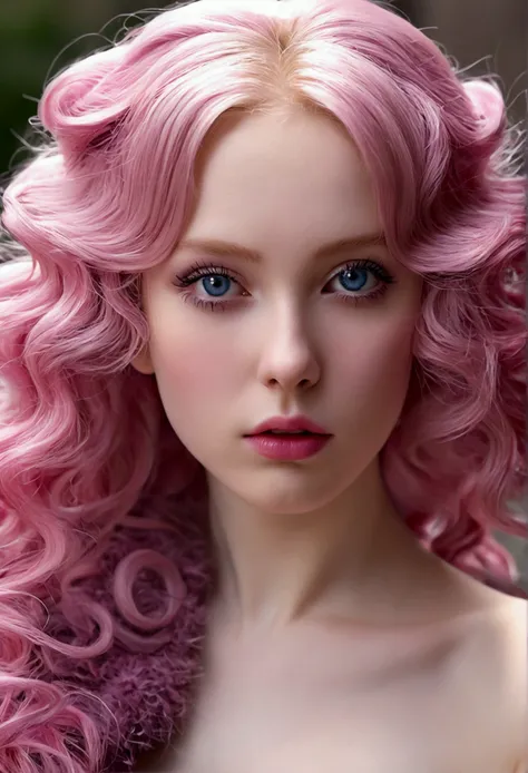 (((ultra realistic))) Photo, masterpiece, top quality, (Pale skin), (Ultra detailed face and eyes..:1.2), 1 girl, adult, ((naked, ((very heavy eye makeup, pink mascara)), ((labios falses detallados)), ((pink wavy fur)), ((stylish hairstyle)) , (({huge|giga...