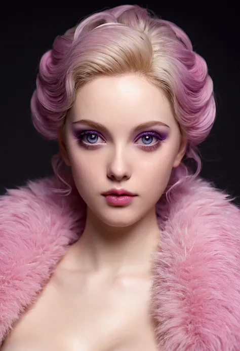 (((ultra realistic))) Photo, masterpiece, top quality, (Pale skin), (Ultra detailed face and eyes..:1.2), 1 girl, adult, ((naked, ((very heavy eye makeup, pink mascara)), ((labios falses detallados)), ((pink wavy fur)), ((stylish hairstyle)) , (({huge|giga...