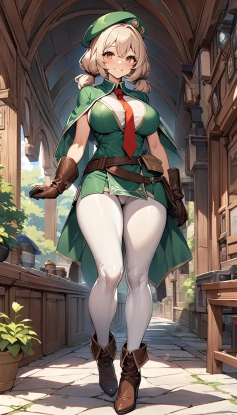 An adventurer guild clerk girl, sexy body, big breasts, big hip, ((green clerk outifit, red necktie, green beret, short cape, leather gloves, leather high heels boots, white leggings)), (short hair, low brown braided-twintail hairstyle), brown eyes, smilin...