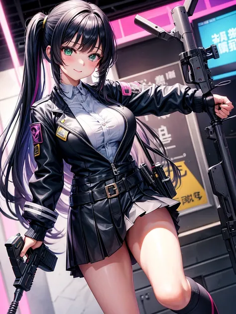 middle School girls，smile，美しいgirl，Beautiful girl from another world，Holding a large gun in hand，girl，Cyberpunk uniforms，The best quality to get you horny，Psychic，Wizard，battle，Colorfulな髪色，完璧なgirl，Super cute girl，leather jacket，Cyberpunk Background，Cute uni...