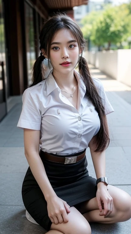 Pretty thai woman sit , (8k, best quality, masterpiece, ultra highres:1.2) Photo of Pretty thai woman beautiful, beautiful enchanting fashion contemporary painting with , (1girl), (white shirt short sleeves), ((black pencil skirt)), belt , , blonde hair, ,...