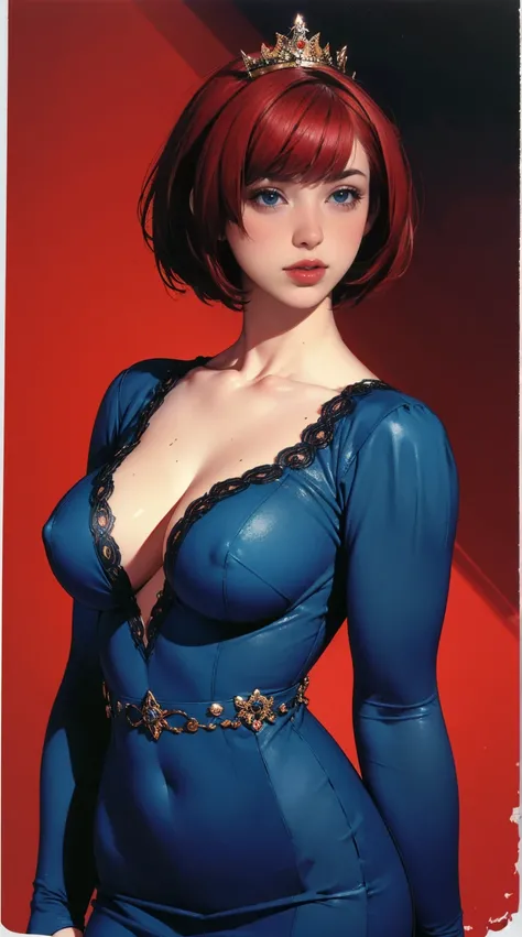 (Ultra-Realistic Rendering, masterpiece, Highest quality) One Queen,Age 35、Voluptuous body、 Ashley Graham RE, alone, chest, View your audience, short hair,Red Hair、(((Pixie Cut))) blue eyes,, jewelry, medium chest, Green Eyes, Upper Body,Brown Hair, parted...