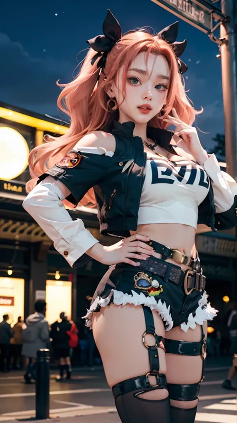 masterpiece, best quality, ultra-detailed, extremely detailed,illustration, 1girl, nicole demara, hair ribbon, hairclip, earrings, black collar, tube top, single thighhigh, short shorts, cropped jacket, belt, thigh strap, detached sleeves, doll, standing, ...