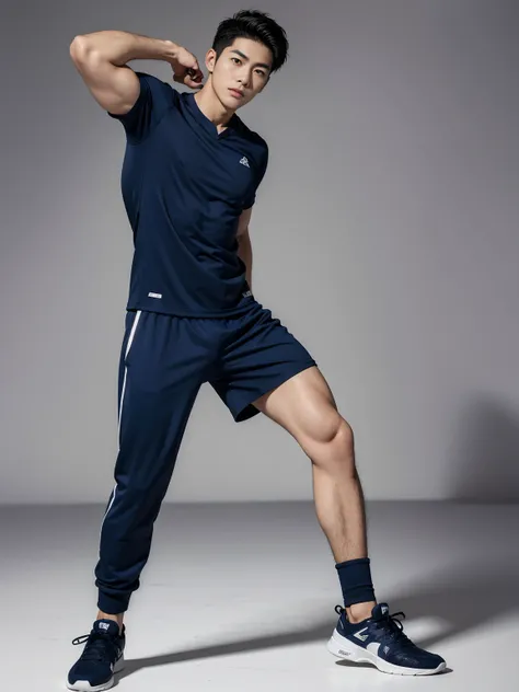 2个Handsome  naked Japanese guy ，Sexy pose, A 20 year-old man wearing a Naked chest shirt and Excellent shorts stands against a white background, navy blue, navy blue, Sports T-shirts, blue, Excellent Sportswear, Gorgeous sexy clothes, Sportswear, Short sle...