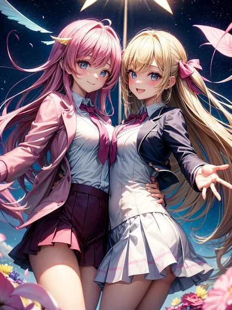 best quality，，smile，blazer，swimsuit，Pink Cardigan，School，classroom，High-dimensional beautiful girl，Multidimensional beautiful girl，Several girls are depicted，They are hugging each other，Colorful，Different world，Collective of girls，JK，A beautiful girl who t...