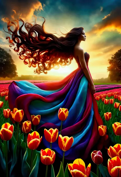 beautiful woman, long hair, loose curls, graceful pose, the dress made of tulips, tulips in 10 colours, vibrant colours, silhoue...