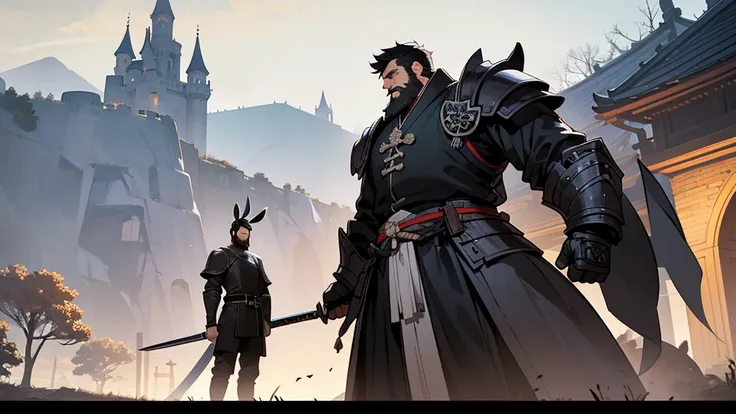 In the background is an old castle at night。A man in his 30s is standing。The man was wearing heavy armor.、He has short black hair and a beard.。He holds a large sword in both hands。On the right is a rabbit and on the left is a panda standing in a funny pose...