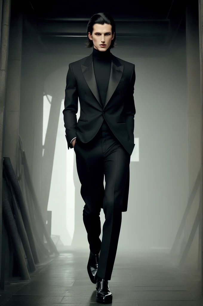 manyeyedhorrorai a male model stands tall in the center of the image, wearing a sleek black balenciaga suit.his chiseled jawline...