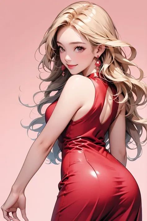 high resolution,smile,happy,light smile,woman,woman1人,adult,Clear,cute,
Blonde Hair,BREAK, Brown eyes,BREAK,wavy hair,long hair,BREAK,
((looking at viewer)),
Red Chinese dress,BREAK,
Sparkly earrings,
Facing forward,BREAK,Pink background,